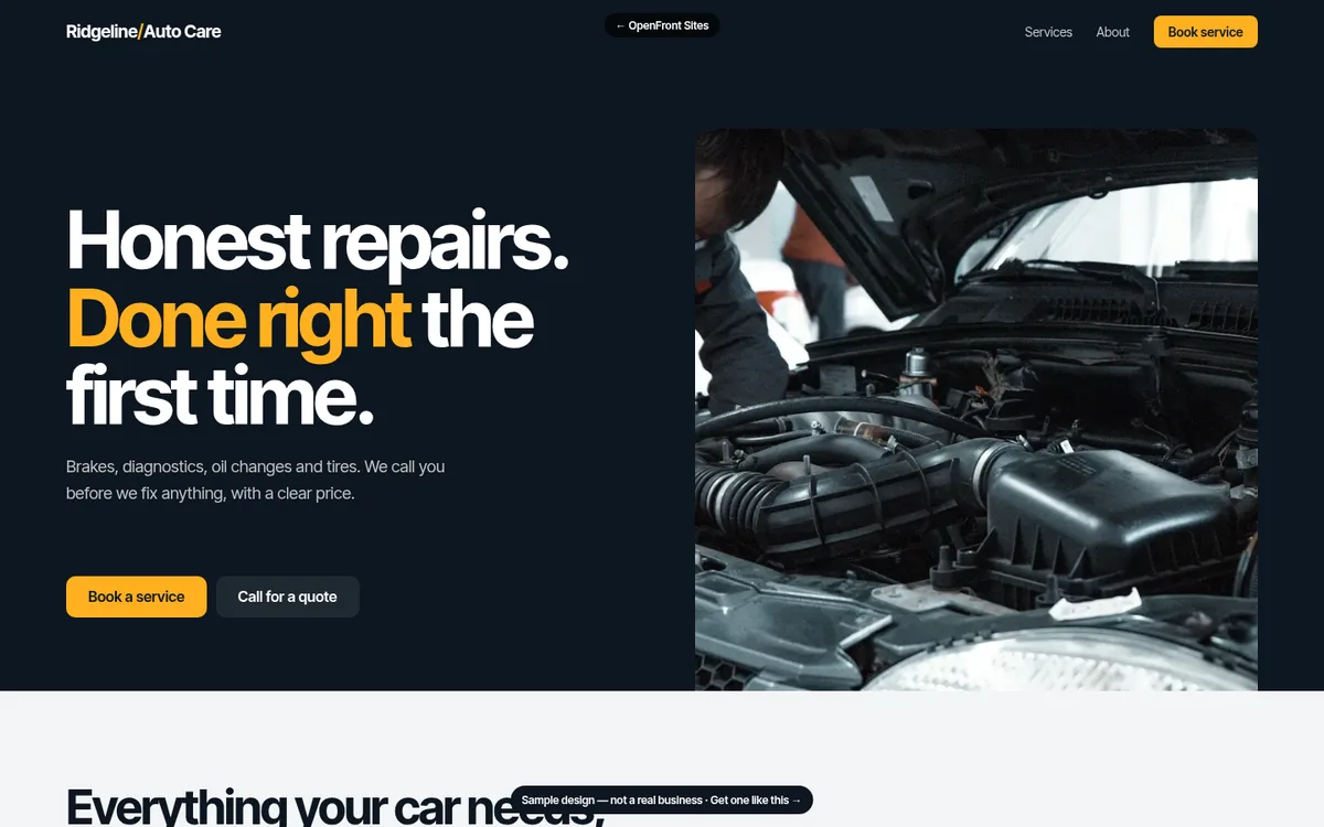 Sample auto repair website, desktop view