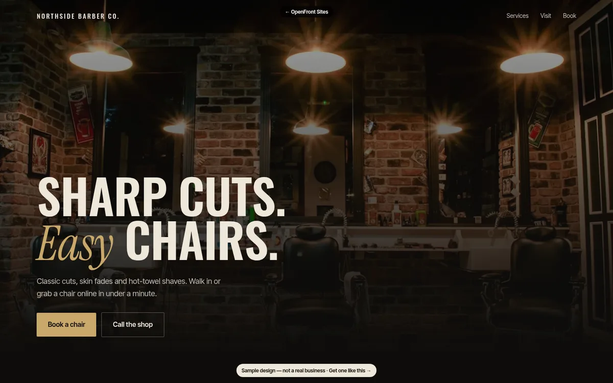 Sample barber shop website, desktop view