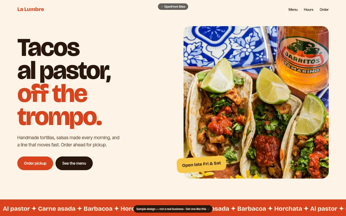 Sample taqueria website design on desktop