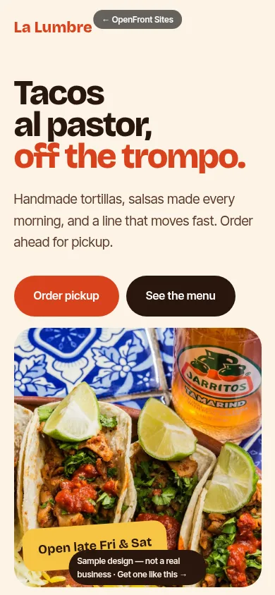 Sample taqueria website, mobile view